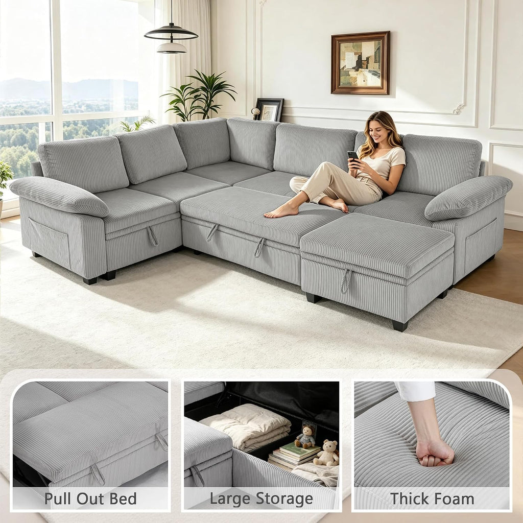 108″ Sectional Sleeper Sofa with Pull Out Bed, Modular Sectional Couch with Storage, L Shpaed 7-Seats Chenille Cloud Couch, Modular Sofa Bed for Living Room, Apartment, Office (Light Gray, 7 Seats)