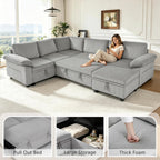 108″ Sectional Sleeper Sofa with Pull Out Bed, Modular Sectional Couch with Storage, L Shpaed 7-Seats Chenille Cloud Couch, Modular Sofa Bed for Living Room, Apartment, Office (Light Gray, 7 Seats)