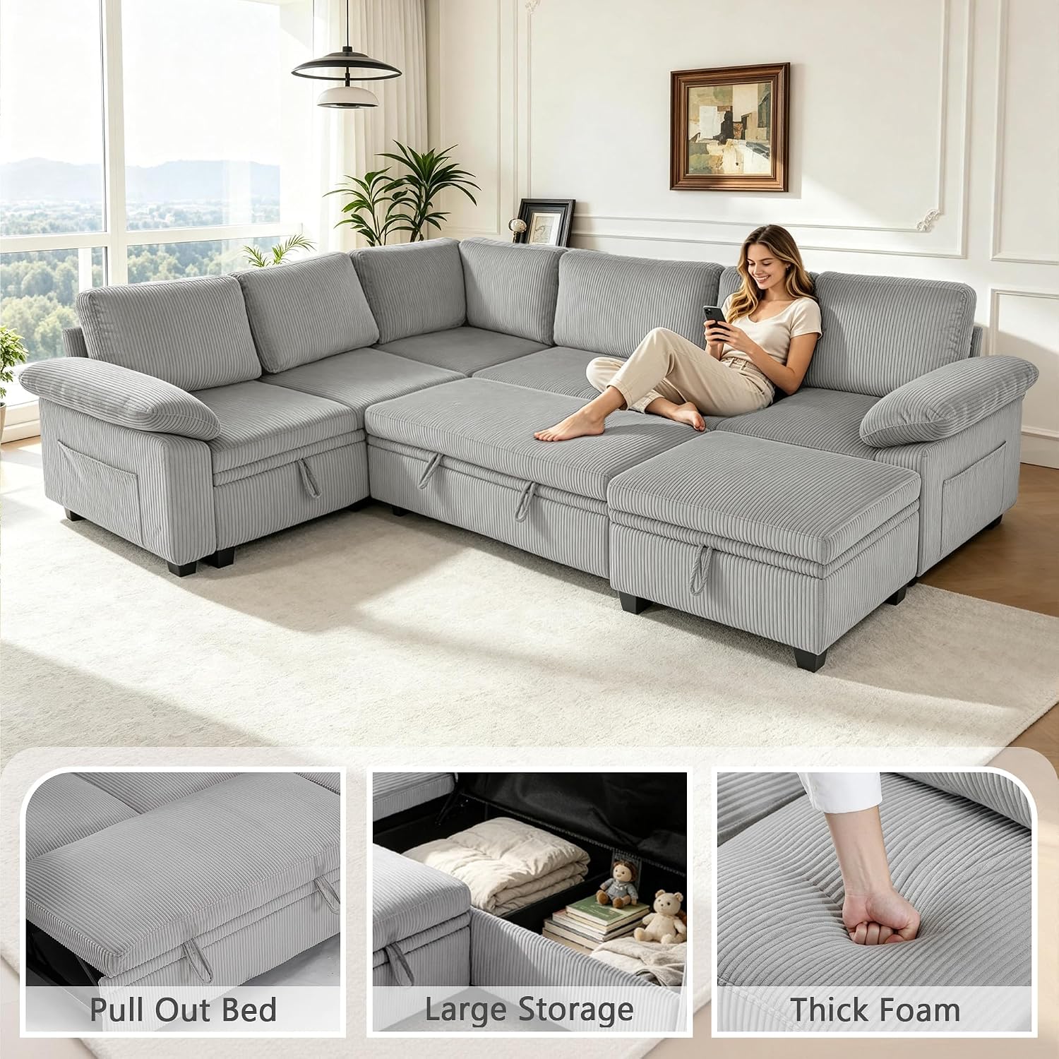 108″ Sectional Sleeper Sofa with Pull Out Bed, Modular Sectional Couch with Storage, L Shpaed 7-Seats Chenille Cloud Couch, Modular Sofa Bed for Living Room, Apartment, Office (Light Gray, 7 Seats)