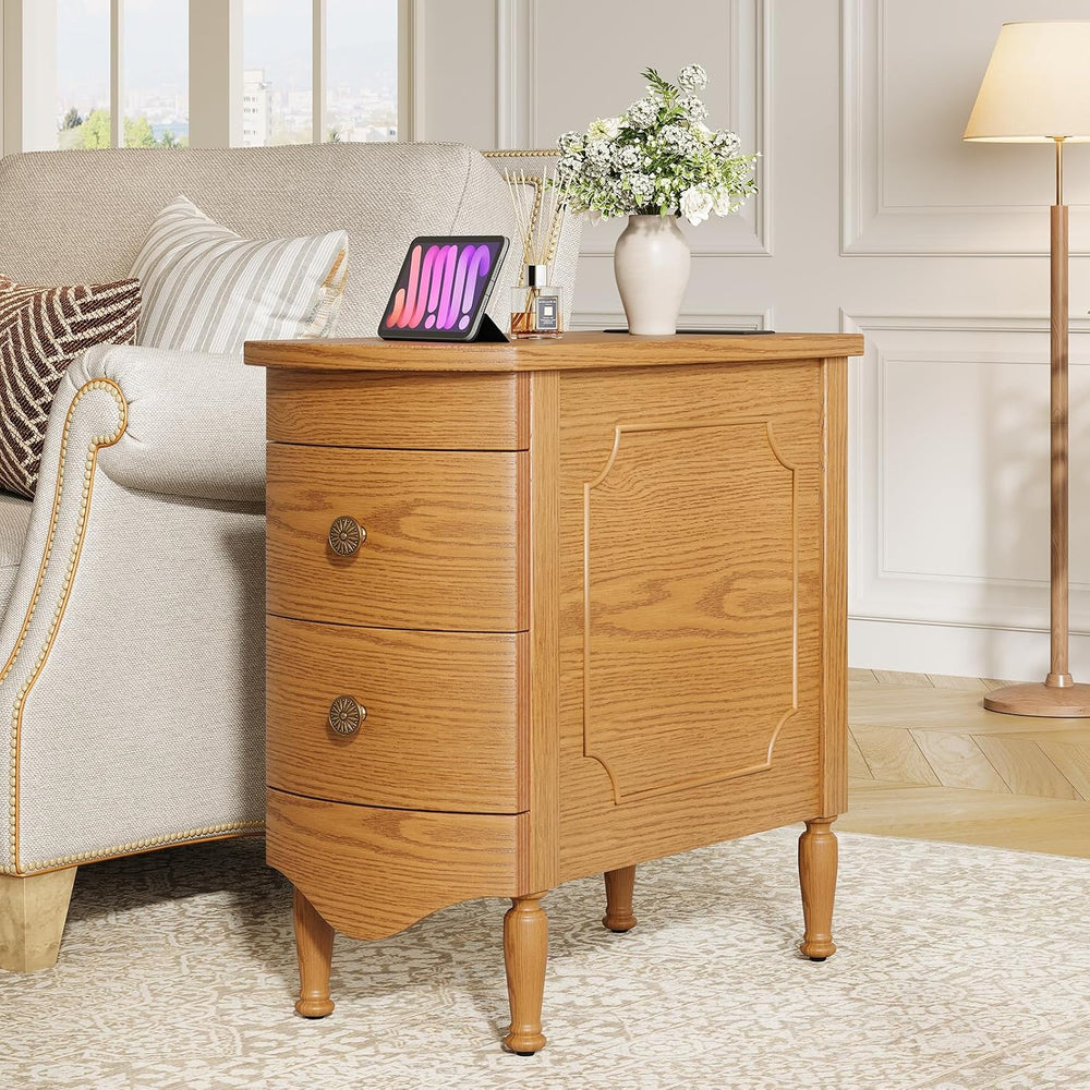 End Table Set of 2 with Charging Station, Narrow Side Table with 2 Drawer, Wo...