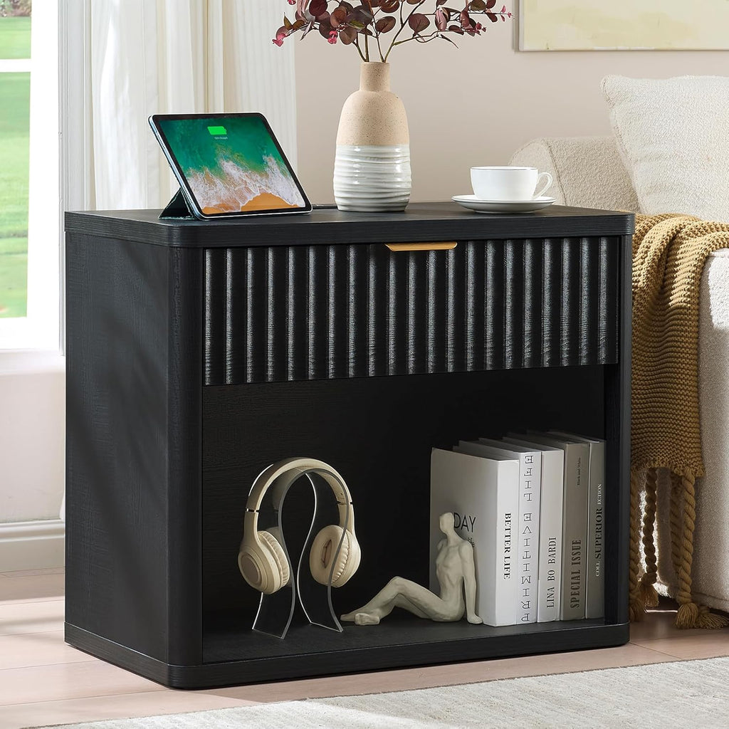 LEYAOYAO 31" Wide Fluted Nightstand Set of 2 with Charging Station, Oversized Extra Large 1 Drawer Night Stand with Golden Handle, Black Wood Bedside Table Tall End Tables,for Bedroom, Living Room