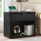LEYAOYAO 31" Wide Fluted Nightstand Set of 2 with Charging Station, Oversized Extra Large 1 Drawer Night Stand with Golden Handle, Black Wood Bedside Table Tall End Tables,for Bedroom, Living Room