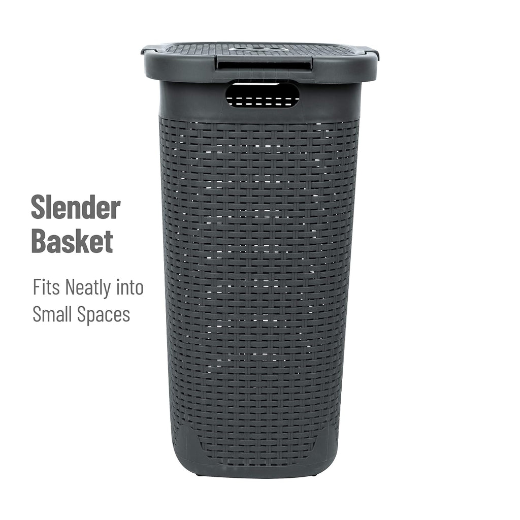Mind Reader Slim Laundry Hamper with Lid, 60L Clothes Basket, Premium Wicker Design, Plastic, Gray