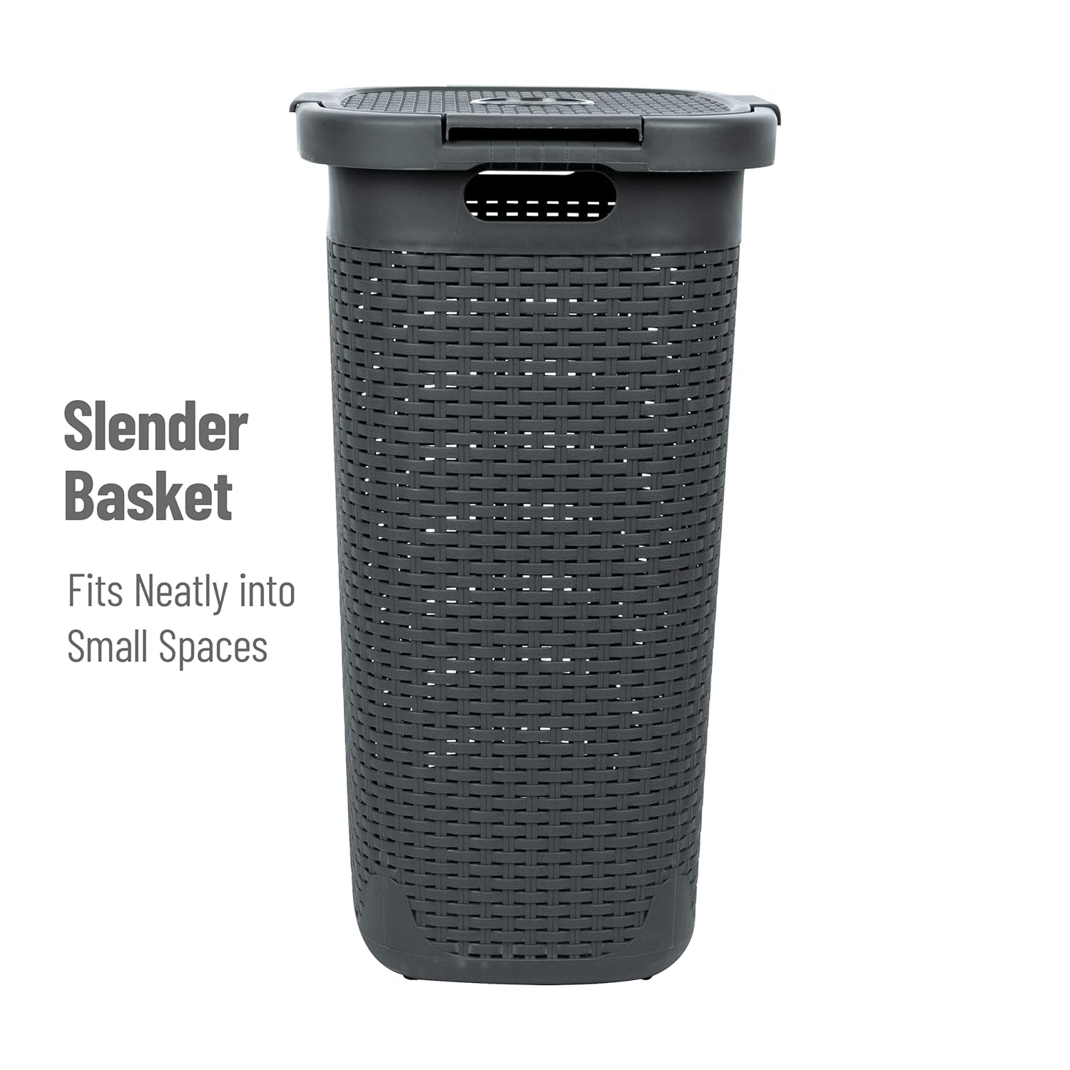 Mind Reader Slim Laundry Hamper with Lid, 60L Clothes Basket, Premium Wicker Design, Plastic, Gray