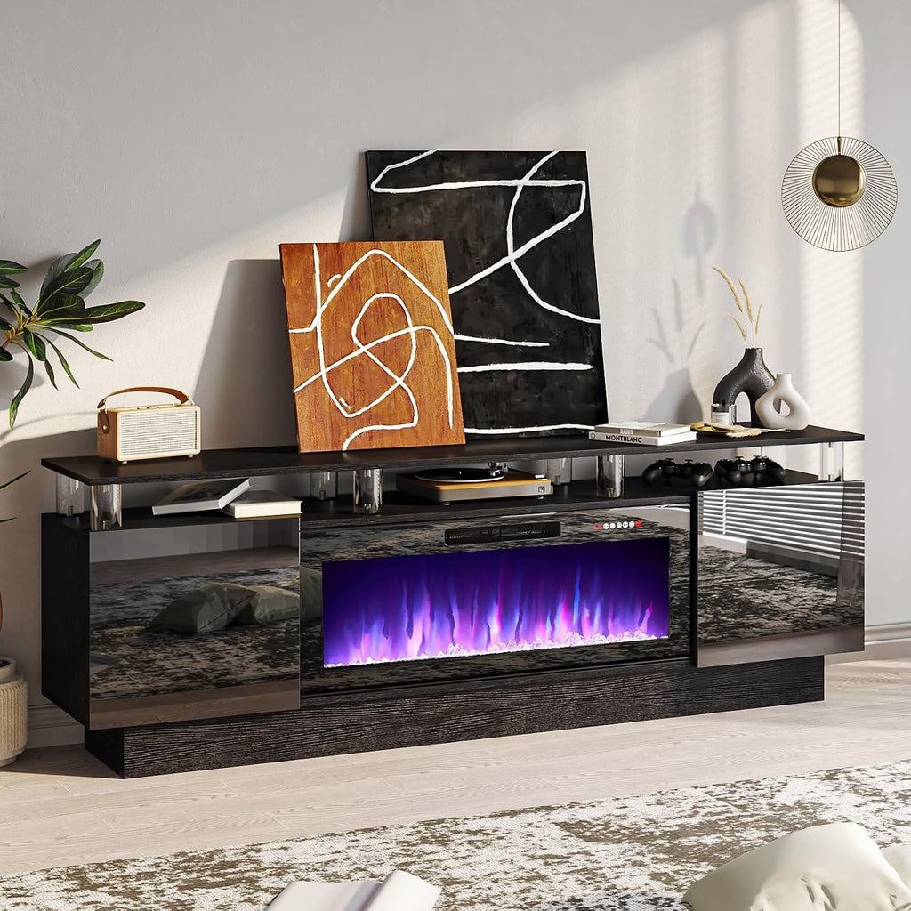 PRETZI 70" Modern Fireplace TV Stand with 36" Electric Fireplace for TVs Up to 80 inch, Luxury LED Light Entertainment Center with High Gloss Cabinet (Black, 70" (8 Acrylic Posts))