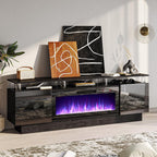 PRETZI 70" Modern Fireplace TV Stand with 36" Electric Fireplace for TVs Up to 80 inch, Luxury LED Light Entertainment Center with High Gloss Cabinet (Black, 70" (8 Acrylic Posts))