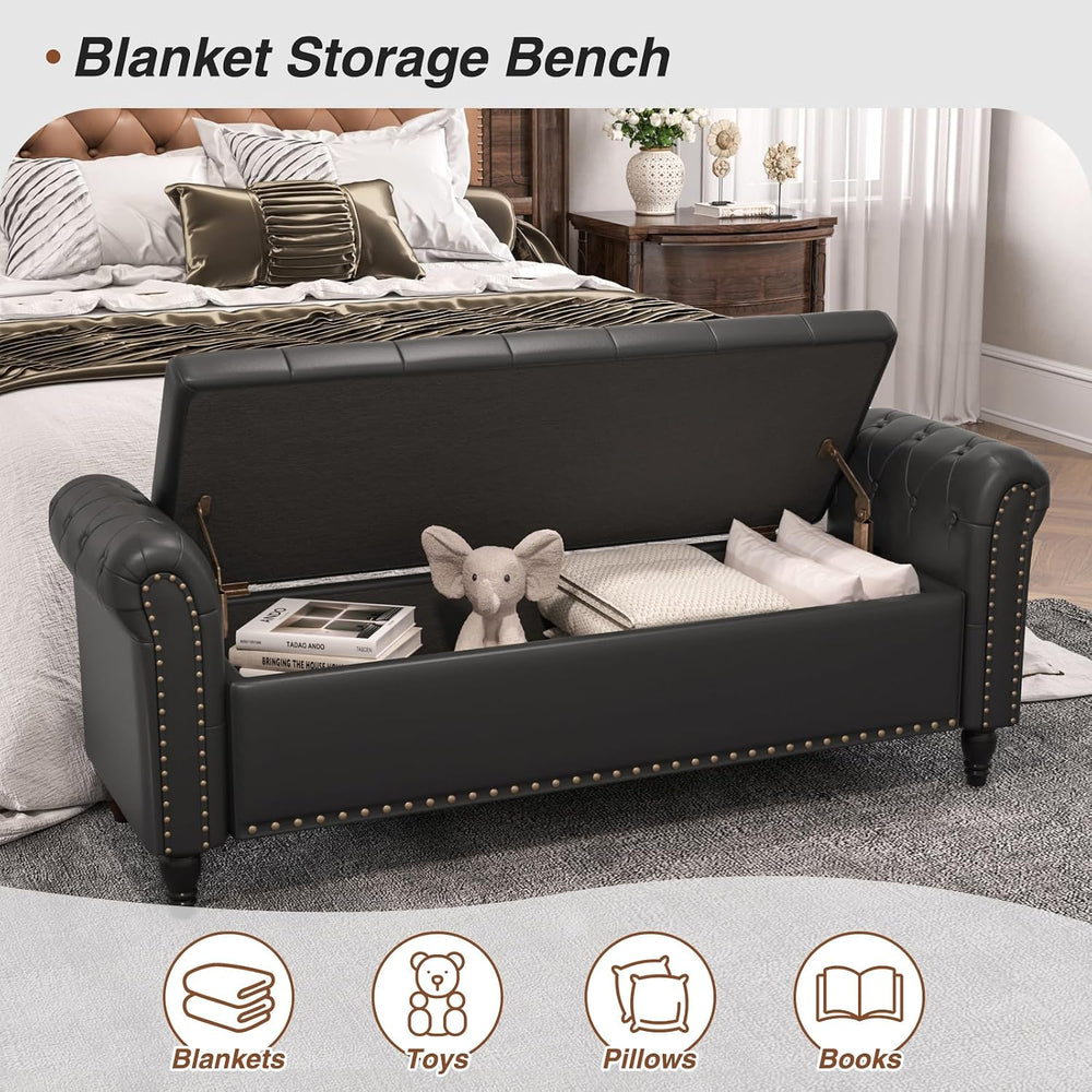 FiveWillowise 65" Bedroom Bench, End of Bed Bench with Storage, Black