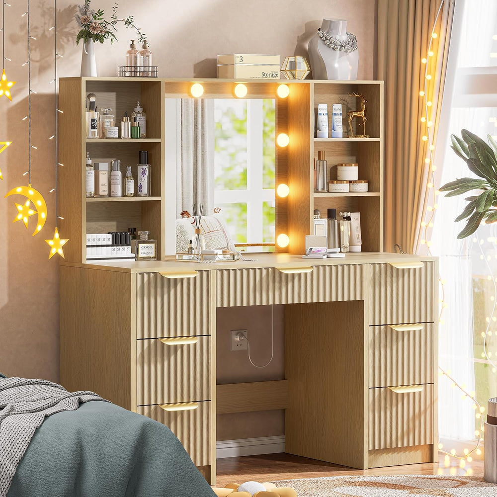 Fluted Vanity Desk with Mirror and 10 Adjustable LED Lights, Modern Makeup De...