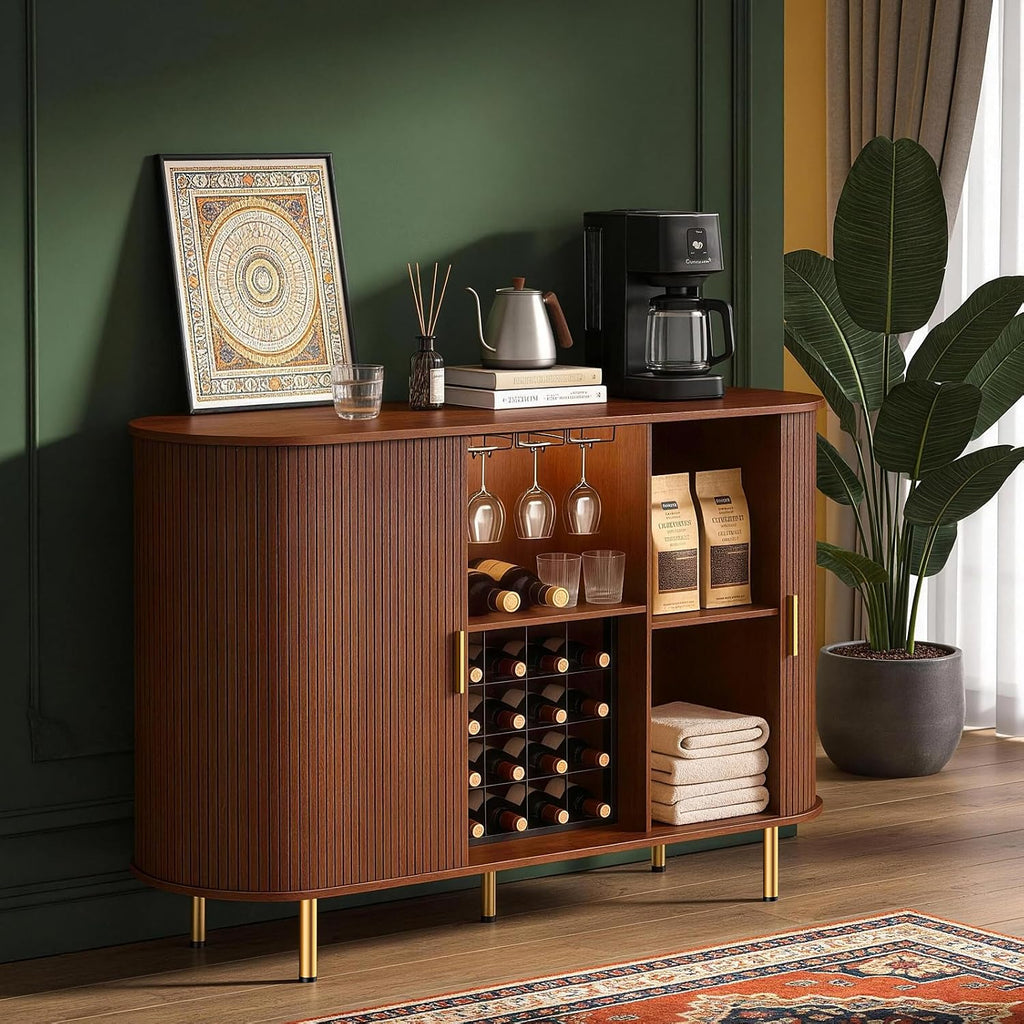 DHH 55" Wine Bar Cabinet with Storage, Fluted Liquor & Coffee Bar Cabinet with Wine Rack and Glass Holder, Buffet Sideboard with LED Lights for Home Kitchen Living Dining Room(Walnut)