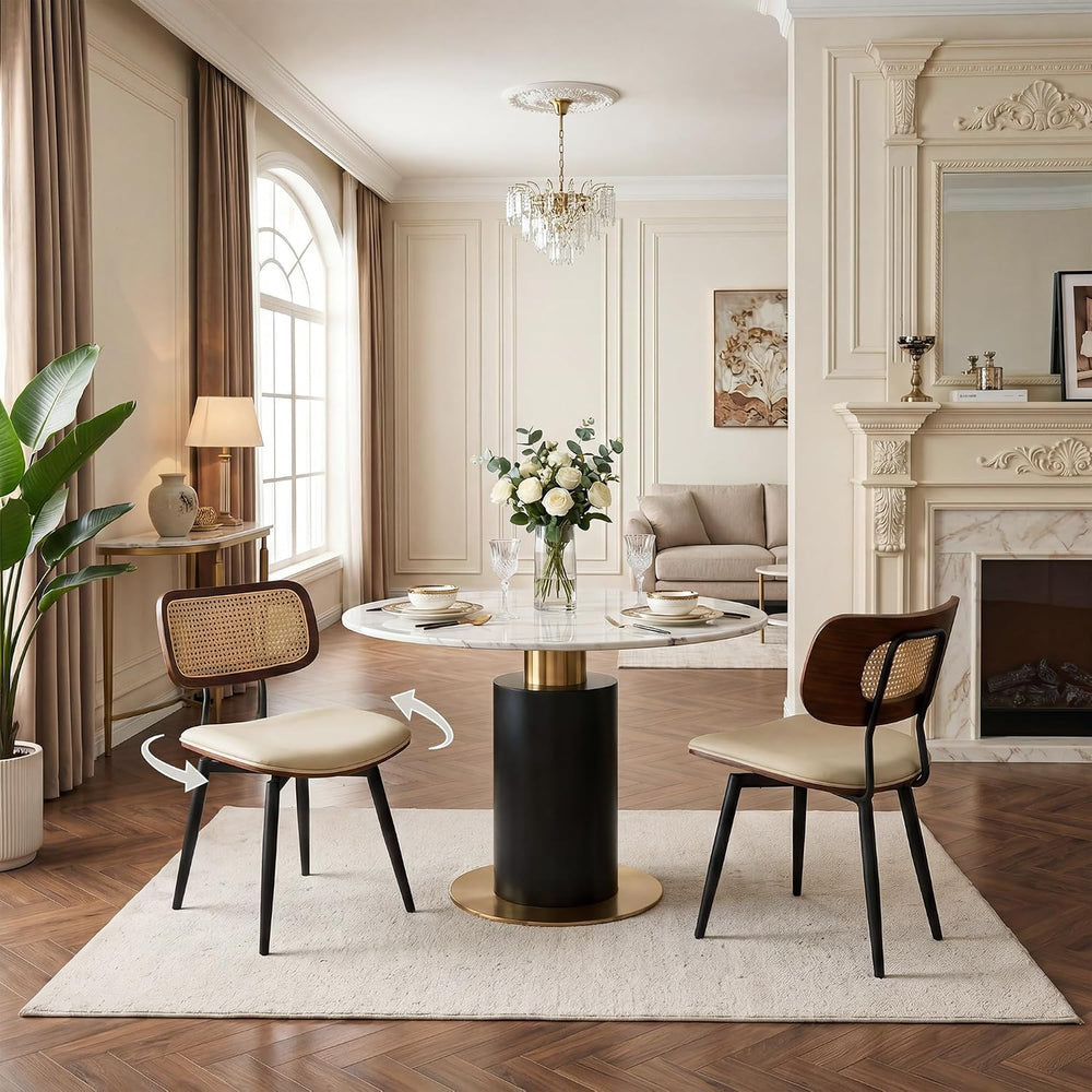 Swivel Dining Chairs with Rattan Back, Rattan Leather Dining Chairs with Swiv...
