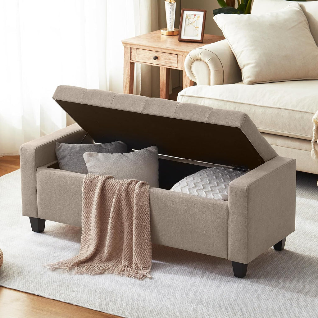 Zihanhome Ottoman with Storage, 48.8" Fabric Storage Ottoman Bench with Hinge, Bedroom Bench, Upholstered Benches with Seating for Living Room, Entryway (Khaki)