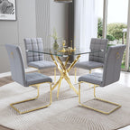 Square Glass Dining Table Set for 4, Modern 36" Clear Tempered Glass Kitchen Table and 4 Grey PU Leather Upholstered Chairs with Gold Stainless Steel Legs, for Apartment, Small Space
