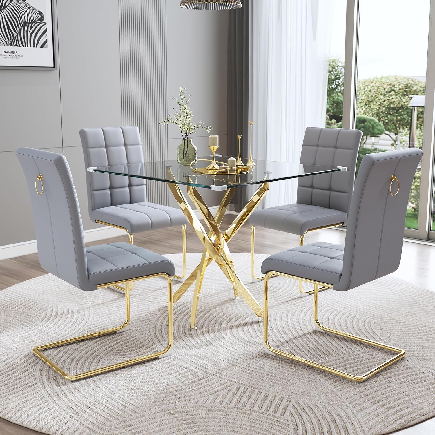 Square Glass Dining Table Set for 4, Modern 36" Clear Tempered Glass Kitchen Table and 4 Grey PU Leather Upholstered Chairs with Gold Stainless Steel Legs, for Apartment, Small Space