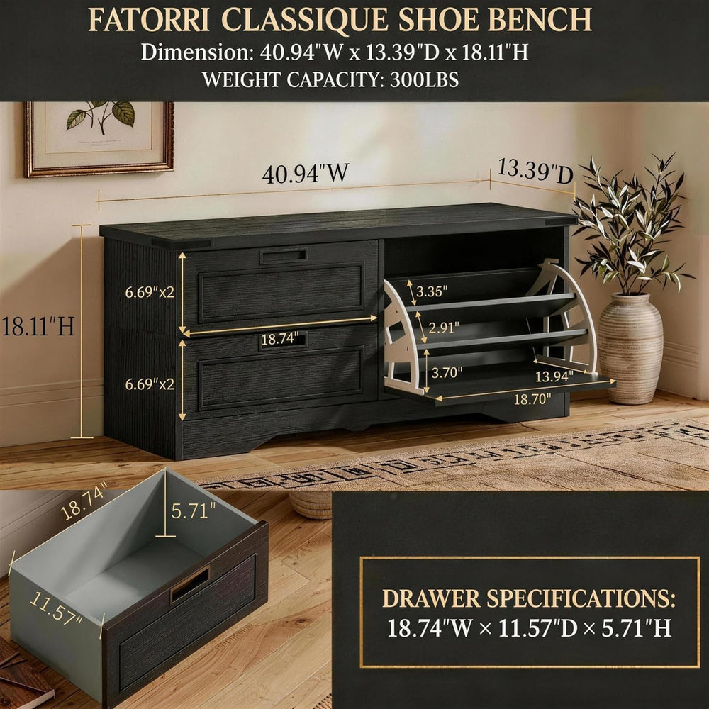 FATORRI Entryway Bench with Storage, 41 Inch Shoe Storage Bench, Industrial W...