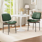 Dining Chairs Set of 8, Mid-Century Modern Upholstered PU Leather Chairs with Walnut Bentwood Back and Metal Legs Adjustable Feet for Kitchen Dining Room, Dark Green Shell Strips