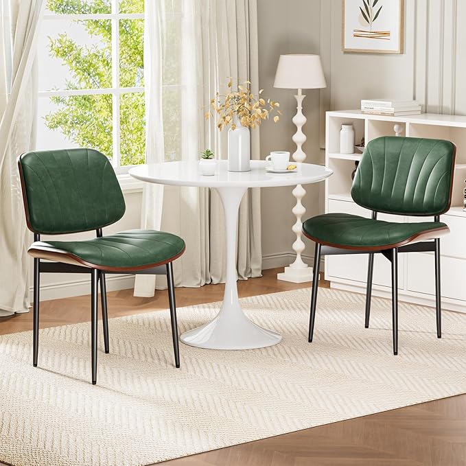 Dining Chairs Set of 8, Mid-Century Modern Upholstered PU Leather Chairs with Walnut Bentwood Back and Metal Legs Adjustable Feet for Kitchen Dining Room, Dark Green Shell Strips