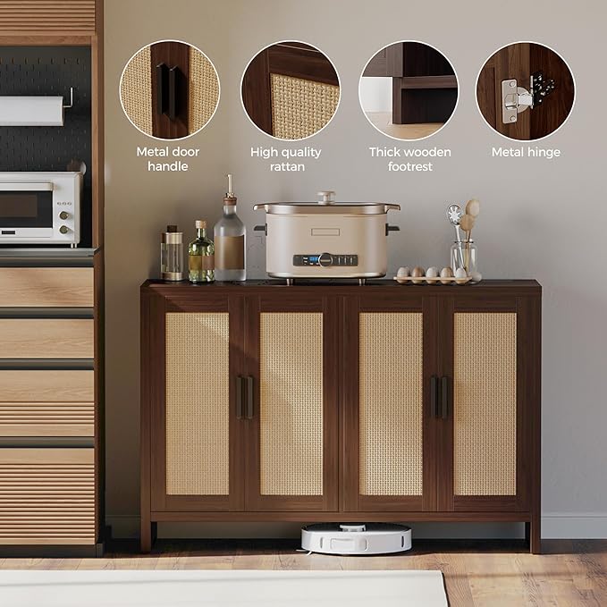 Rattan Buffet Cabinet with Storage, Sideboard Cabinet with Doors and Adjustab...