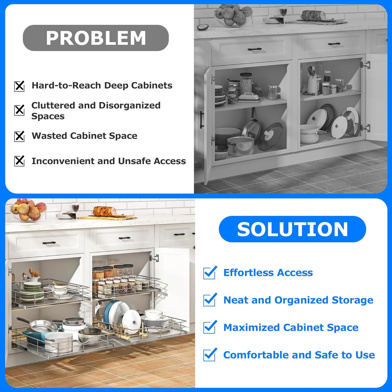 WelFurGeer Soft Close Slide Out Cabinet Shelf, 20" W x 22" D Pull Out Drawers for Kitchen Cabinets, Kitchen Shelf Organizer, Cupboard Organizers and Storage, Under Cabinet Pull Out Shelves