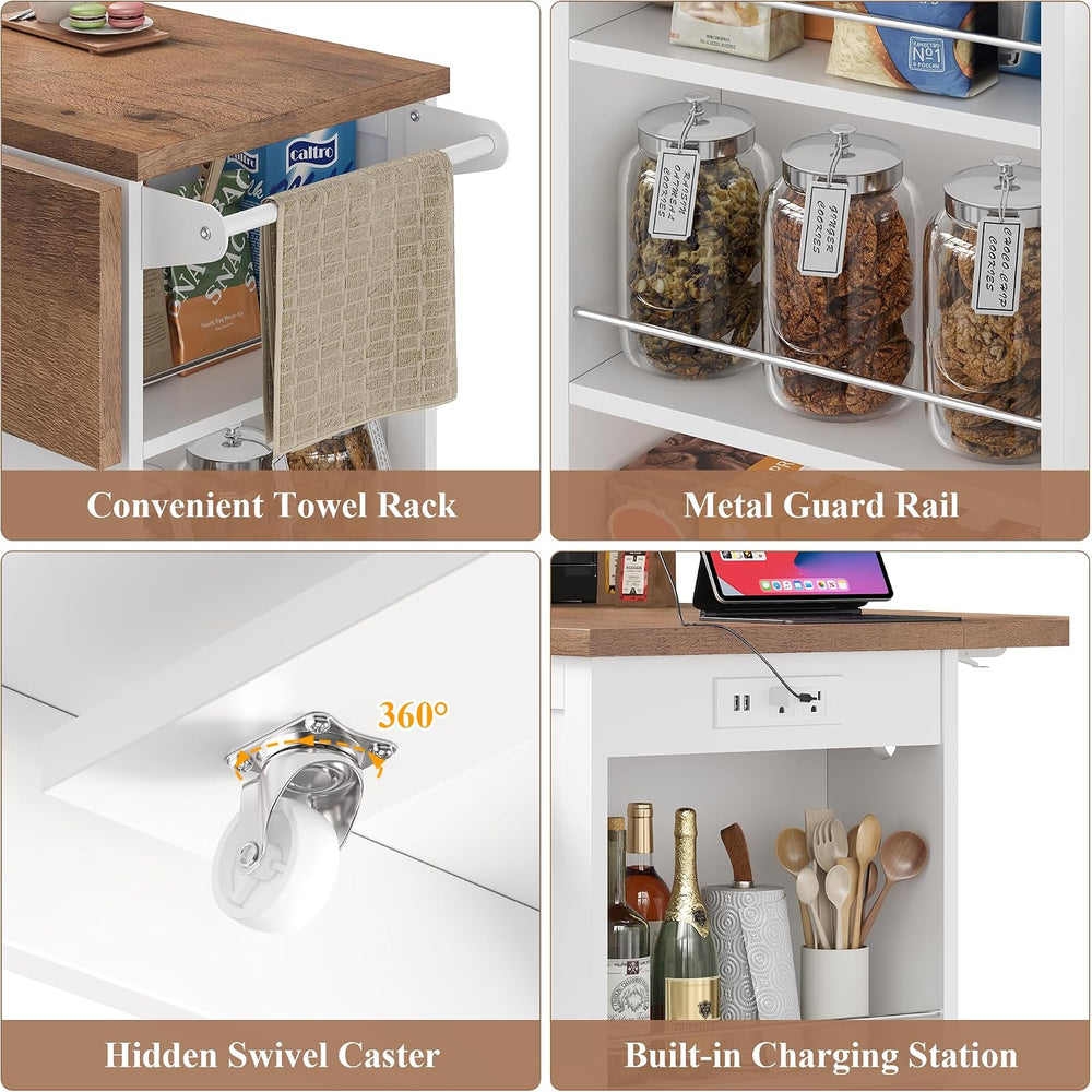 Keyluv Kitchen Storage Island with 2 Stools, 51.2” Mobile Kitchen Cart with D...