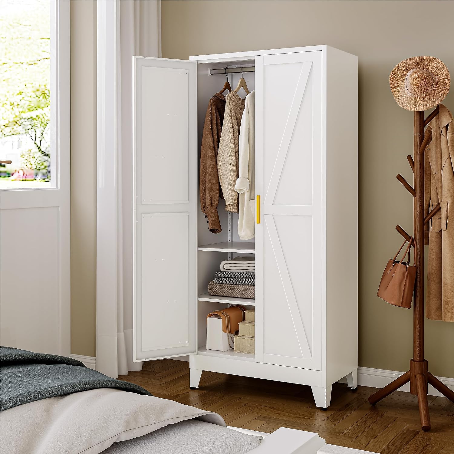 YAUWOH Farmhouse Wardrobe Cabinet,Metal Wardrobe Closet with Hanging Rod,Metal Armoire with Adjustable Shelves for Bedroom,Cloak Room,Office (White)