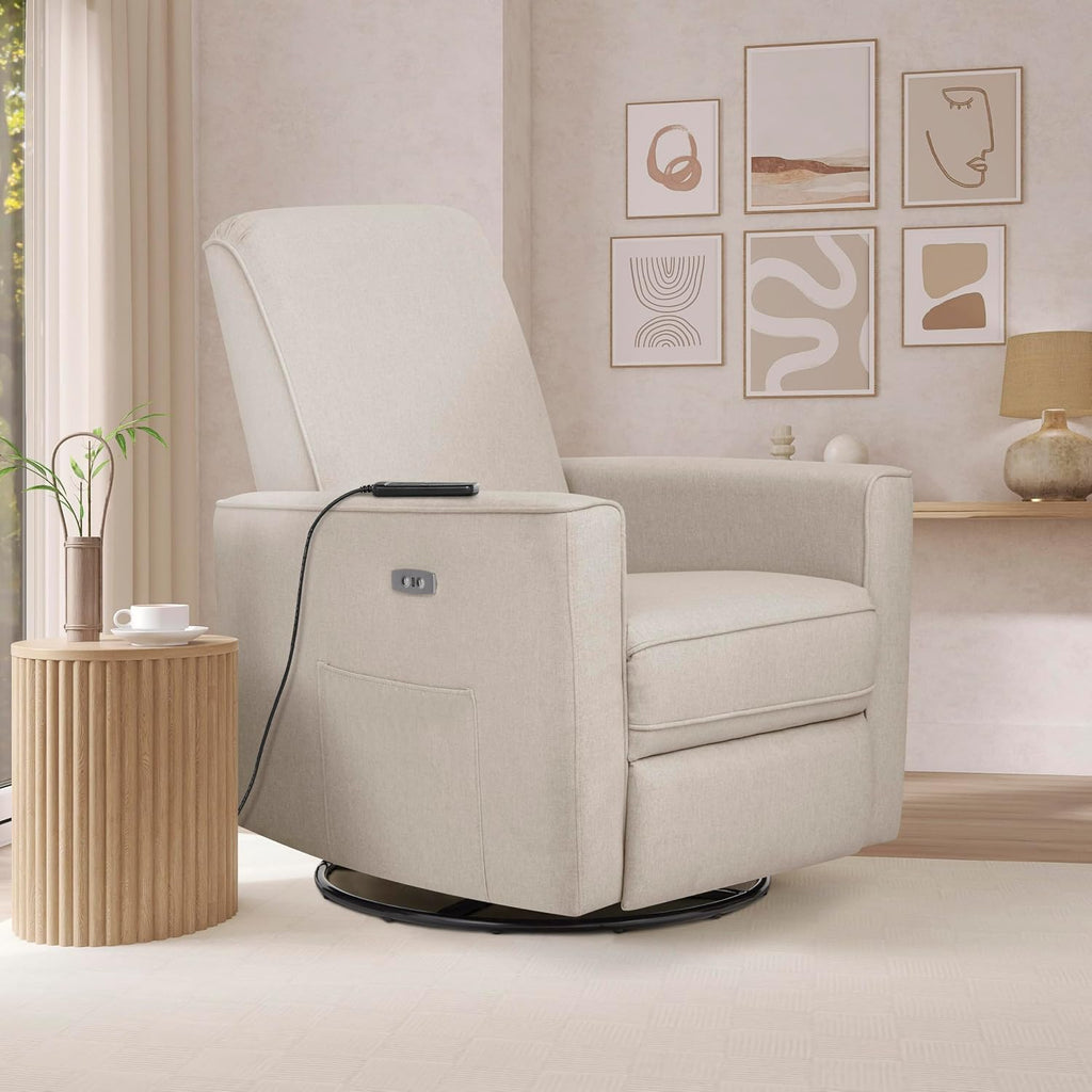 Evolur Harlow Deluxe Upholstered Plush Seating Glide Rocker, Swivel, Power Recliner USB Port with in-Built Massager, Greenguard Gold Certified, Glider Chair for Nursery in Light Sand