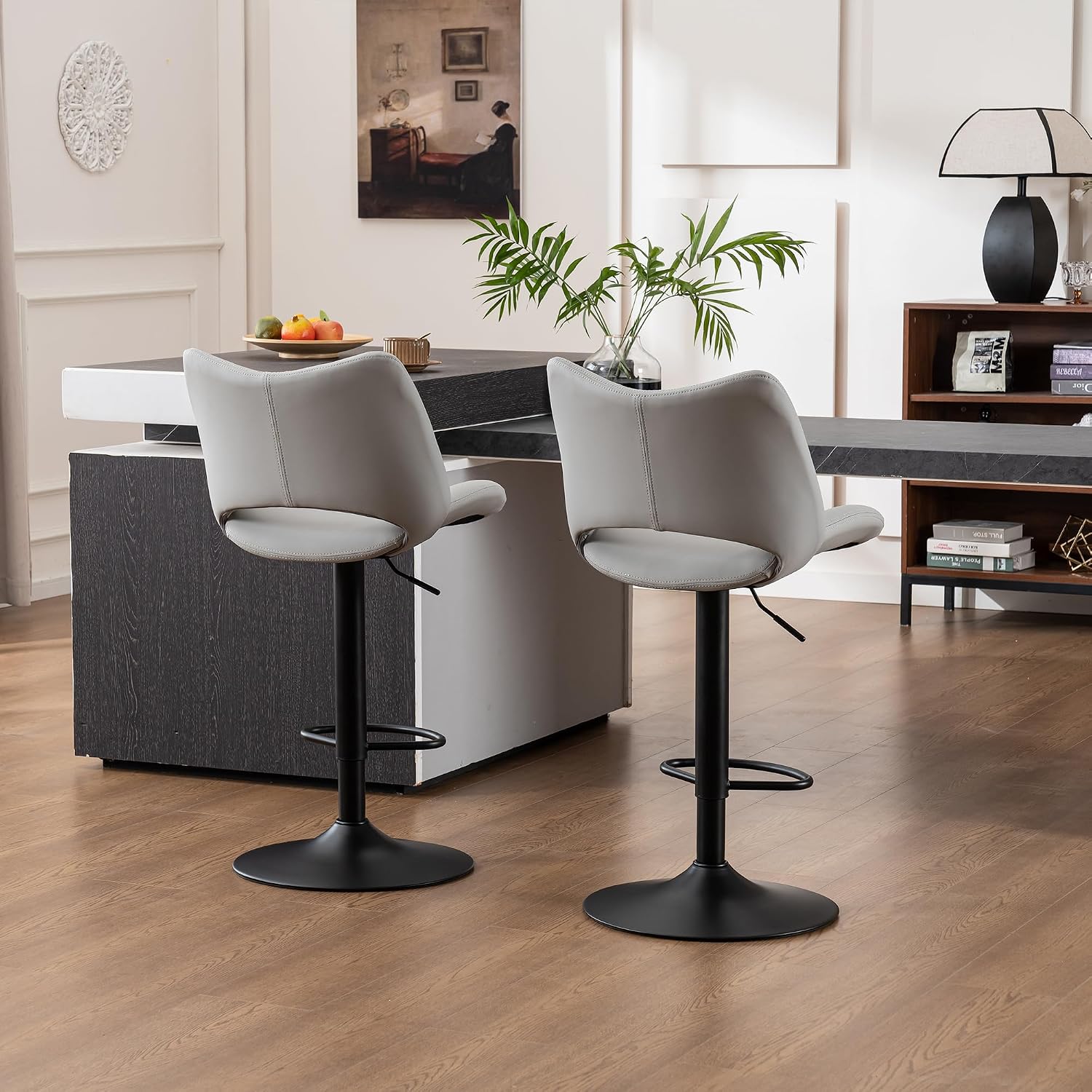 Rowill Bar Stools Set of 2 Modern Counter Height Barstools Swivel Adjustable Faux Leather Bar Chairs for Kitchen Island with Back and Metal Base, Gray