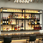 Black Wall Mounted Wine Rack with Hanging Stemware Glass Holder, 4 Tier Liquor Bottle Display Shelf, Floating Bar Storage Organizer for Home, Kitchen, Restaurant, Liquor Cabinet Decor (Black, 95in)