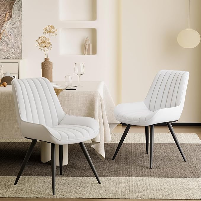 Modern Dining Chairs Set of 2,Upholstered Dining Room Chairs with Thick Cushions,Fabric Comfy Dining Chairs with Metal Legs for Dining Room White