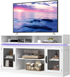 WLIVE Farmhouse TV Stand for TVs Up to 65 Inches, Tall Entertainment Center with Storage Cabinets & LED Lights, Media Console for Living Room, Bedroom, Home Theater, White