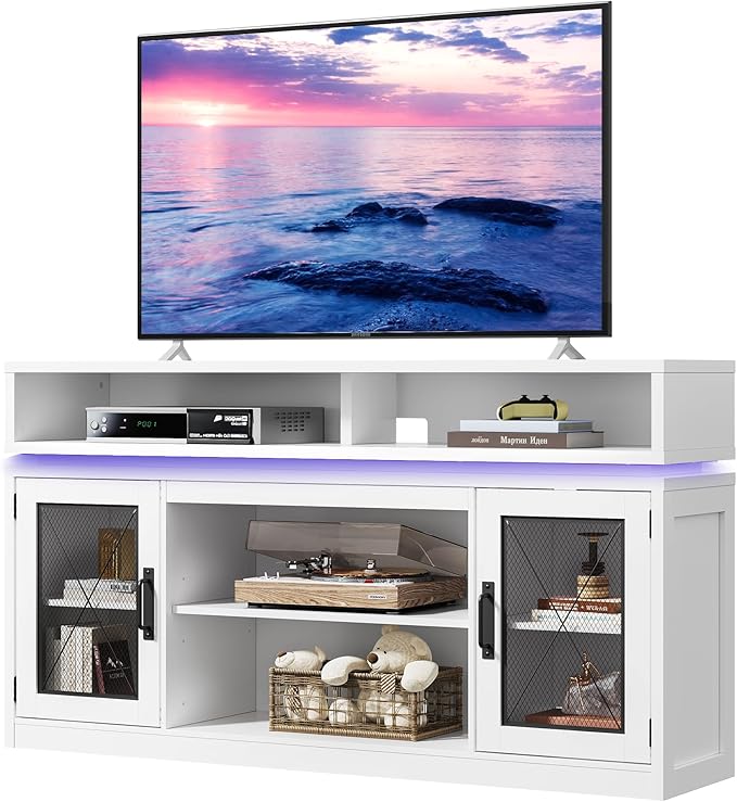 WLIVE Farmhouse TV Stand for TVs Up to 65 Inches, Tall Entertainment Center with Storage Cabinets & LED Lights, Media Console for Living Room, Bedroom, Home Theater, White