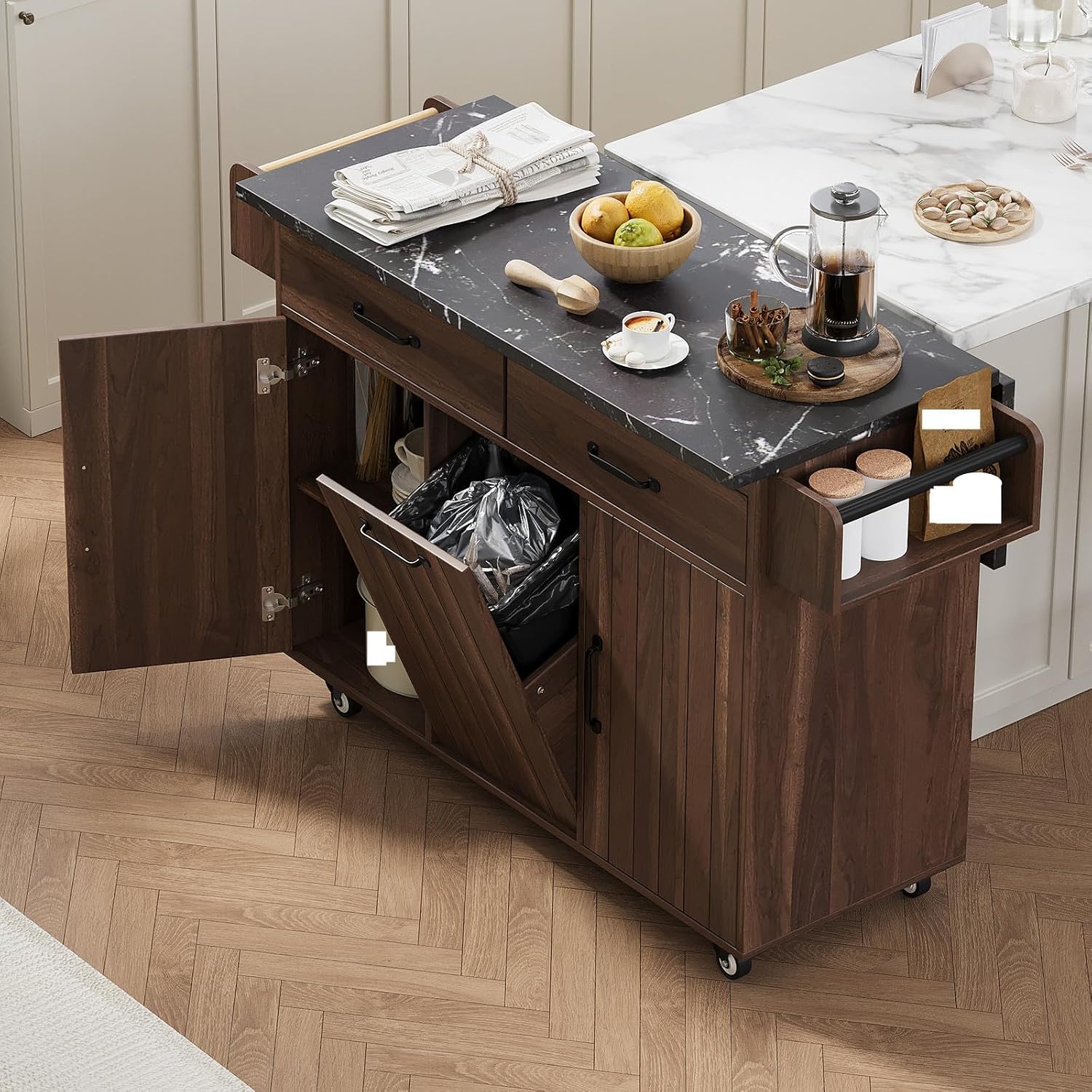 Kitchen Island with Trash Can Storage, Rolling Kitchen Cart on Wheels with Drop Leaf, Drawers, Adjustable Shelf and Tilt Out Trash Can Cabinet for 15 Gallon Garbage Bin, Brown