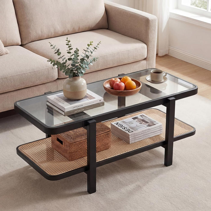 GOFLAME Rattan Coffee Table, 47.5” Solid Wood Center Table with Tempered Glass Top & Rattan Storage Shelf, Rectangular, Farmhouse, Boho, 2-Tier Mid Century Modern Tea Table for Living Room (Black)