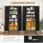 75" Tall Kitchen Storage Cabinets with 5 Adjustable Shelves, Black | Metal Storage Cabinet, Pantry with Louvered Doors, Large Cupboard, Locker for Kitchen, Office, School, Living Room, Dining