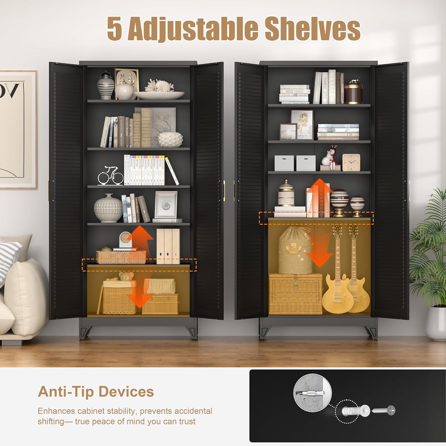 75" Tall Kitchen Storage Cabinets with 5 Adjustable Shelves, Black | Metal Storage Cabinet, Pantry with Louvered Doors, Large Cupboard, Locker for Kitchen, Office, School, Living Room, Dining