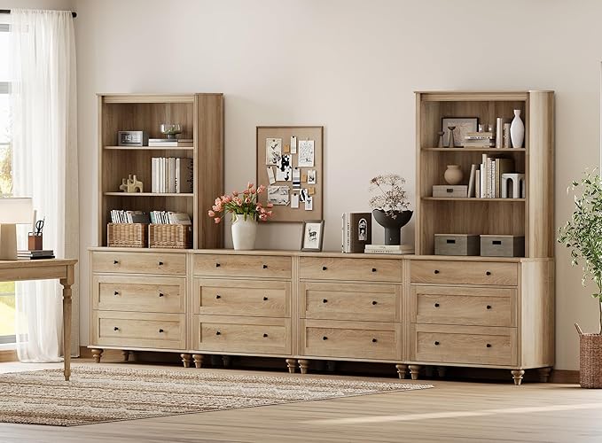 WAMPAT Entertainment Center with Bookshelves for TVs up to 75", Farmhouse Wall Unit TV Stand with Drawers, Media Console Table for Living Room, Bedroom & Home Theater, Oak