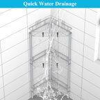 3 Tier Floor Standing Corner Shower Caddy Organizer Shelf with Hooks, Bathroom Shelves Stand Rack, Silver
