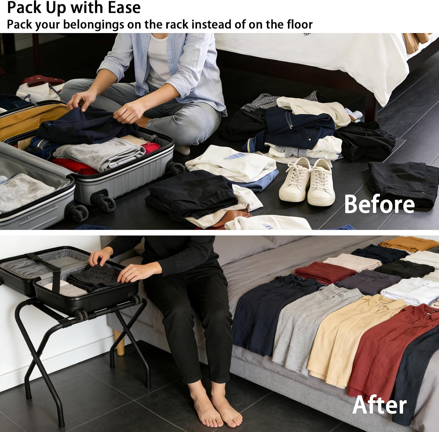 Folding Luggage Rack, Heavy Duty Metal Suitcase Stand with Nylon Straps, Collapsible Luggage Rack for Guest Room Space-Saving Luggage Organizer for Bedroom & Hotel