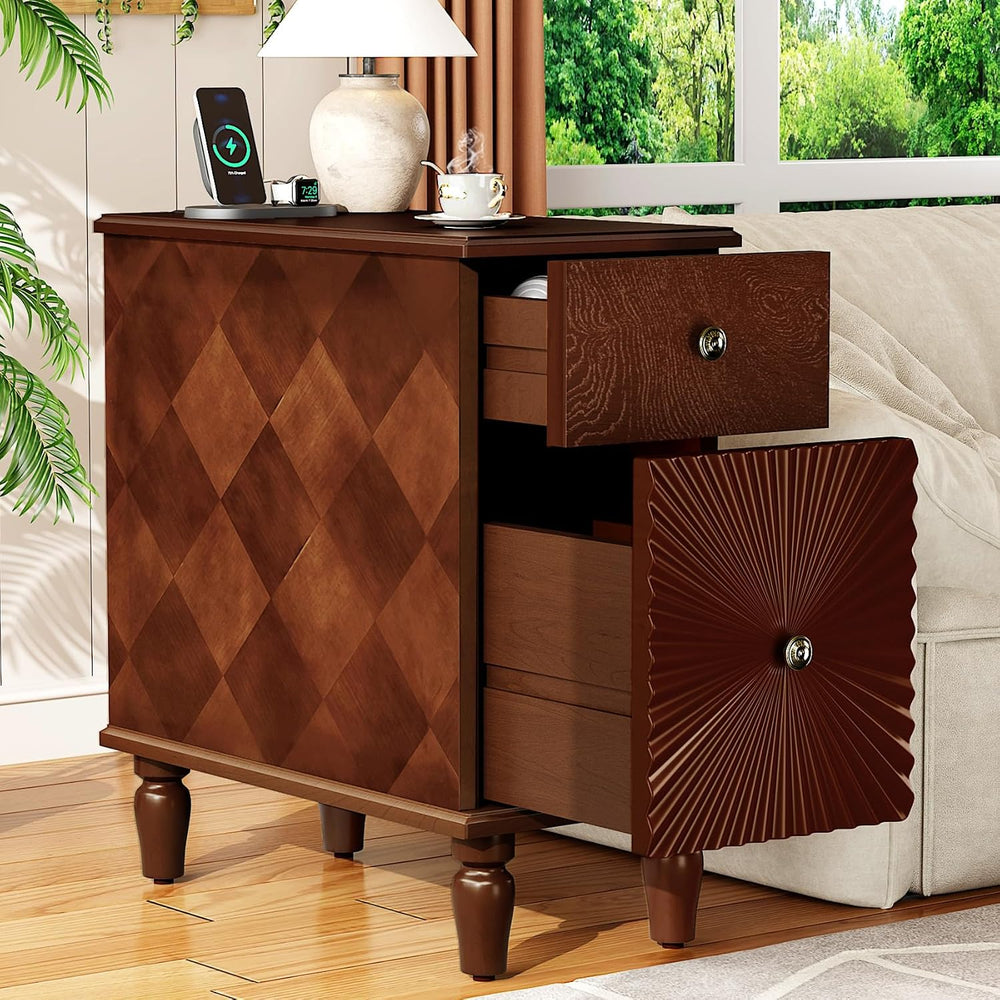 Wood End Table with Charging Station, Fully Assembled Slim Side Table with Dr...