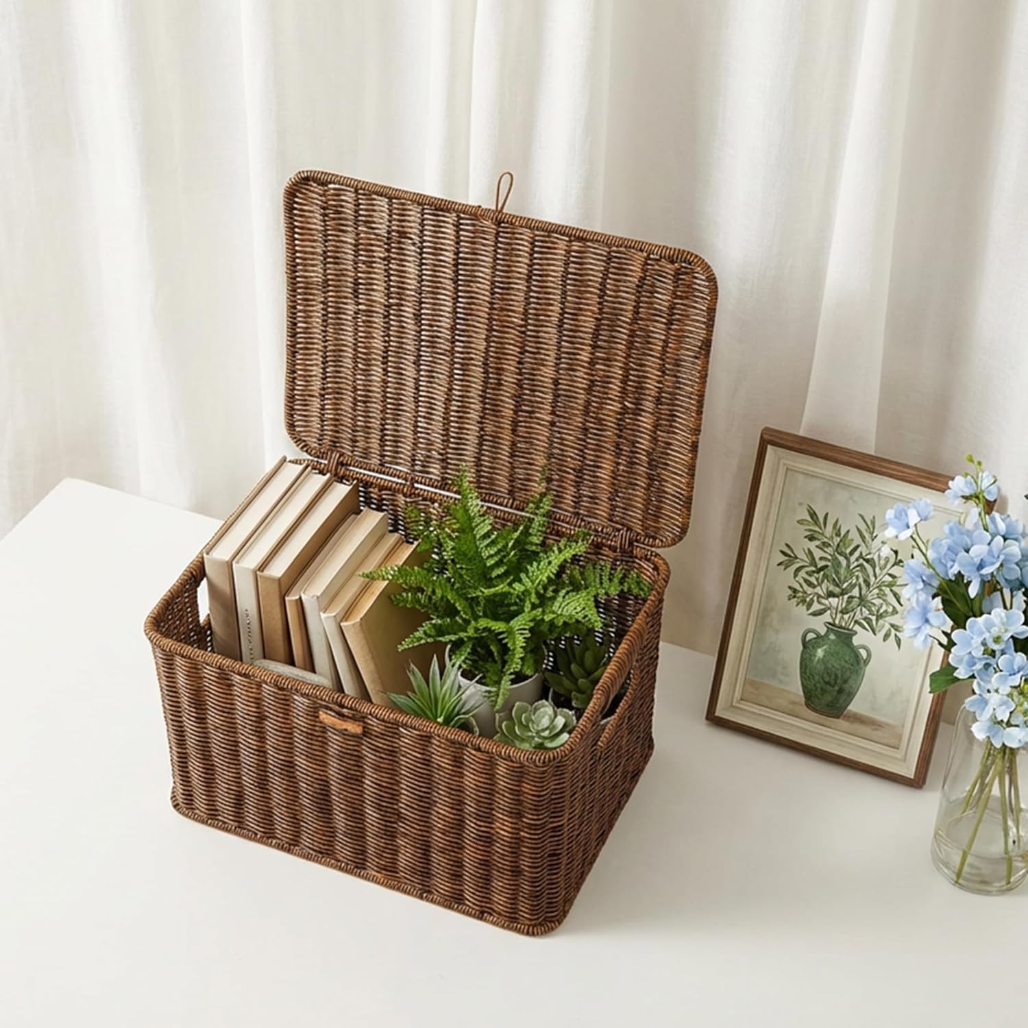 Nonam Wicker Storage Basket with Lid, Large Shelf Baskets for Boho Decor, Plastic Basket, Lidded Home Storage Bins - Stackable Containers Boxes for Organizing - Brown