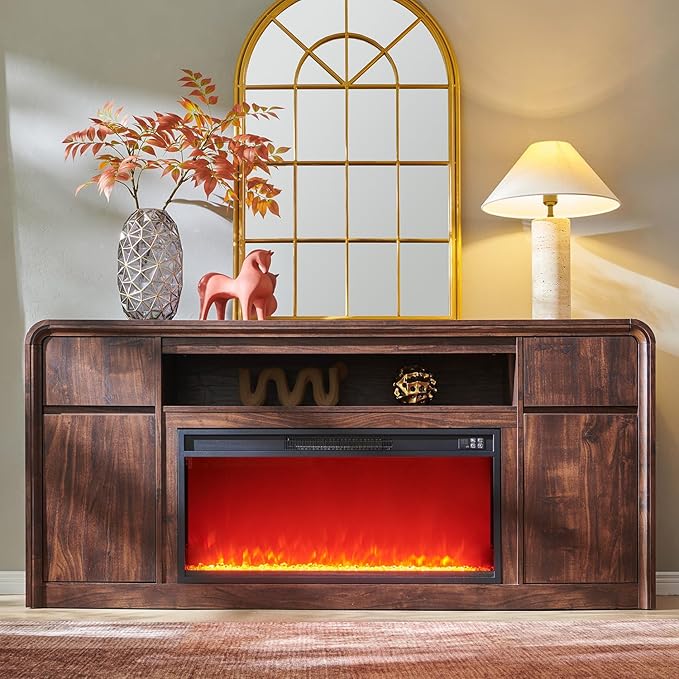 Modern Fireplace TV Stand with 36" LED Electric Fireplace for 80 inch TVs, 32" Tall Entertainment Center w/Drawers &Adjustable Shelves, Wood Media Console w/Curved Profile Design for Living Room,Brown
