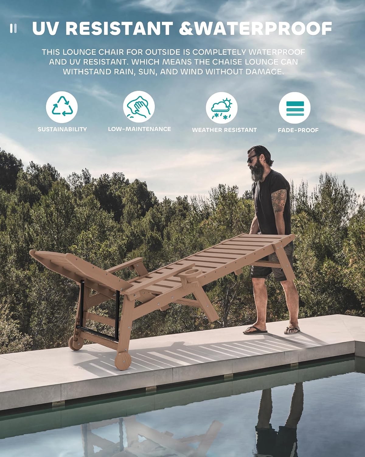SERWALL HDPE Outdoor Lounge Chair Set of 4 with Cup Holder, Brown | with 5 Position Adjustable Backrest & Rolling Wheels
