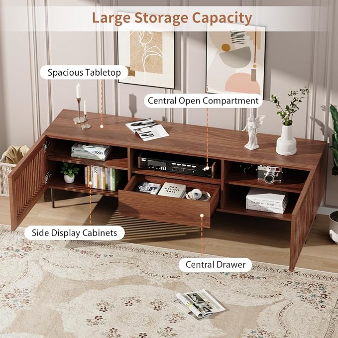 HOMMPA 70 Inch TV Stand for TVs Up to 80'', Mid Century TV Stand with Slatted Door Design, Modern Media Console with Storage Cabinet & Drawer, Entertainment Center for Livingroom, Walnut