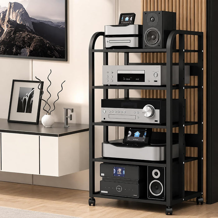 5 Tier Av Media Stand with Wheels, 39in Adjustable Audio Rack