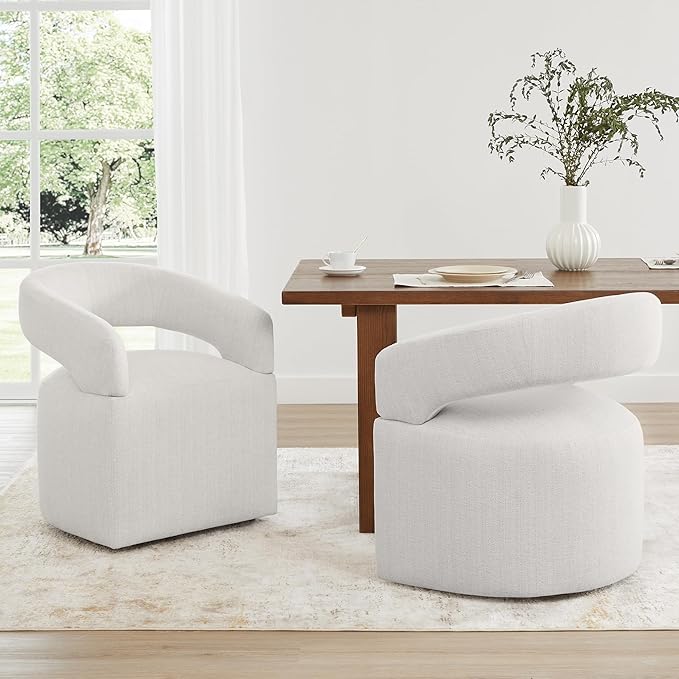Upholstered Dining Chairs with Casters, Modern Barrel Side Armchair with Rollers for Dining Room, Bedroom, Kitchen, Reading Room, Linen, Set of 1
