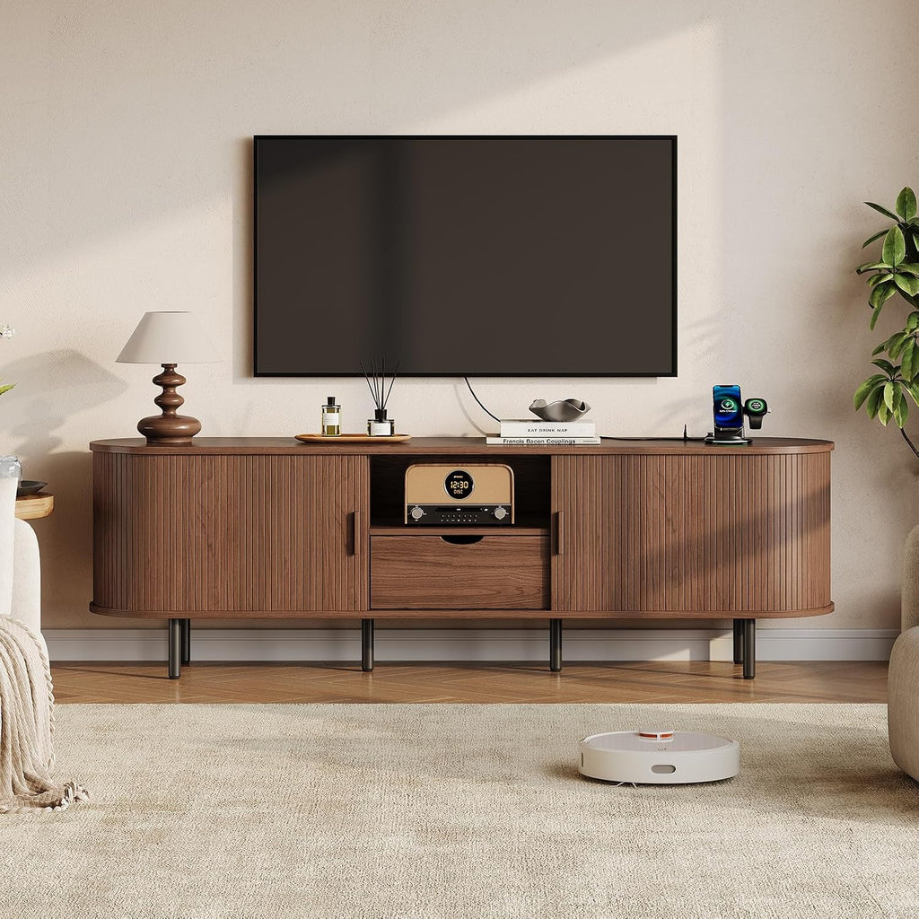 69" TV Stand with Power Outlet for TVs up to 75 Inch, Fluted Media Console | Mid-Century Modern Walnut Entertainment Center with Storage Drawer, Sliding Door and Adjustable Shelves for Living Room