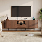 69" TV Stand with Power Outlet for TVs up to 75 Inch, Fluted Media Console | Mid-Century Modern Walnut Entertainment Center with Storage Drawer, Sliding Door and Adjustable Shelves for Living Room