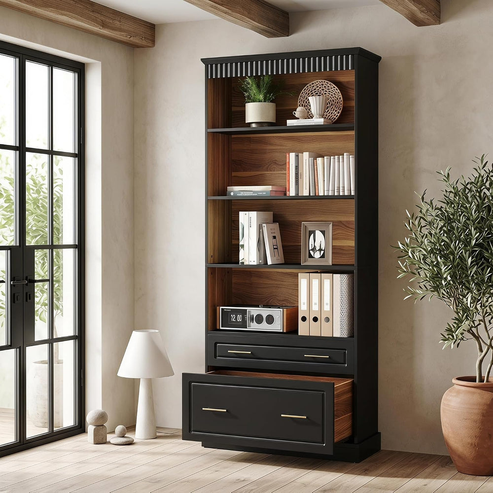 LITTLE TREE 72" Tall Black Bookcase with 2 Drawers, 5-Tier Bookshelf wit...