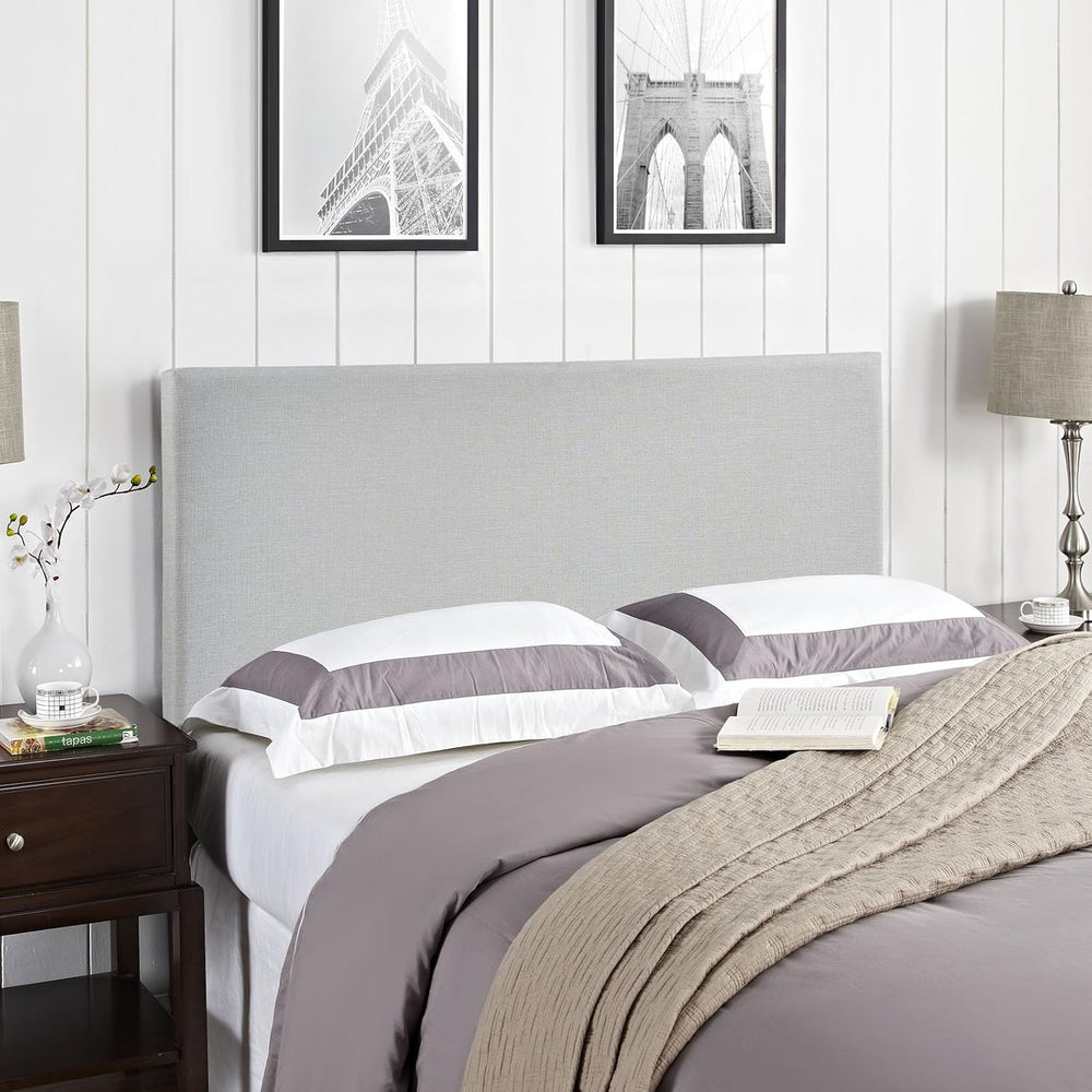 Modern Contemporary Queen Size Upholstered Headboard, Grey Fabric