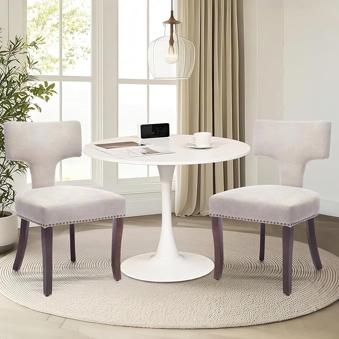 3-Piece 31.5" Round Dining Table Set for 2 with Upholstered Chairs – Space-Saving Modern Small Kitchen Cafe Bistro Set(T-Back Beige Linen Chair)