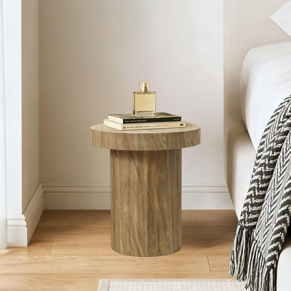 LuxenHome 19.7" H Wood Round Side Table, Natural Oak Finish Fluted Small...